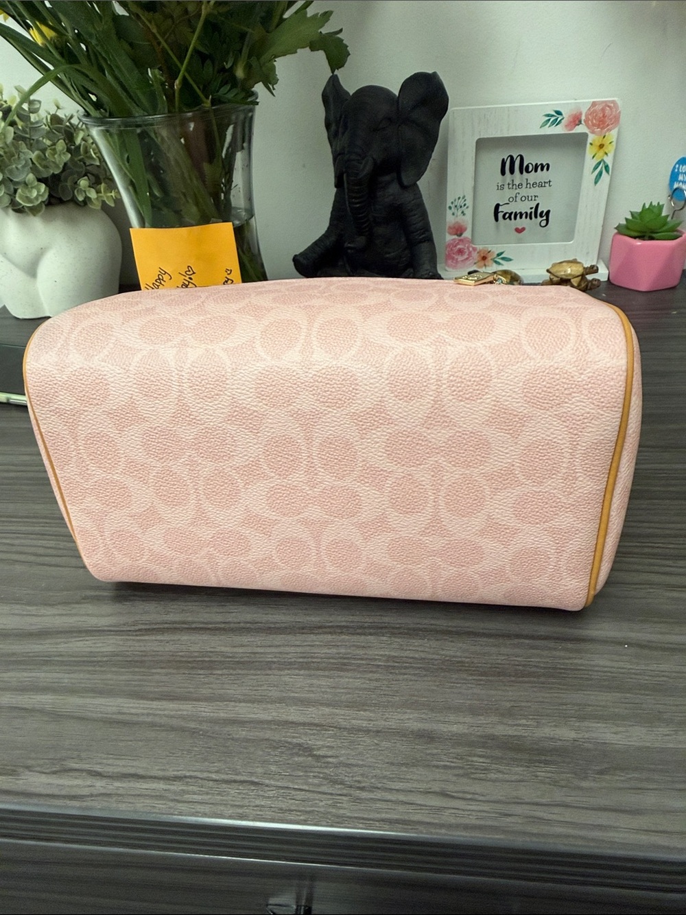 Coach Powder Pink Signature Canvas Rowan Satchel with Tan Leather Trim. Medium. - Picture 3 of 9